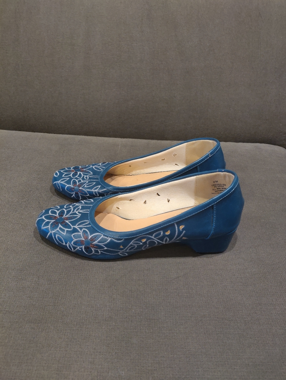 Blue Floral Embroidered Low Heel Pumps